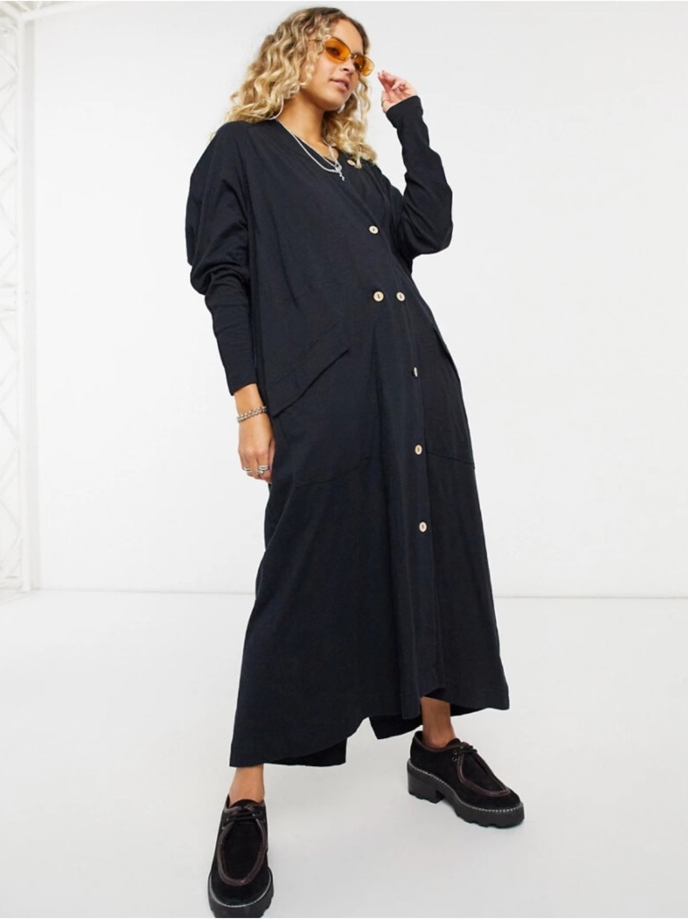 Free People Until Now Black Duster Cardigan Oversized Button Maxi Small